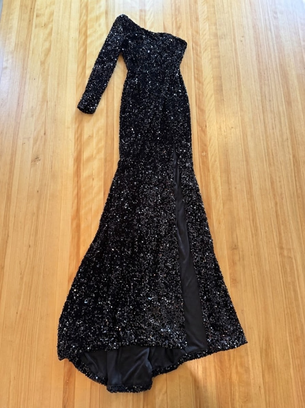 Sequin One-Shoulder Black Evening Gown